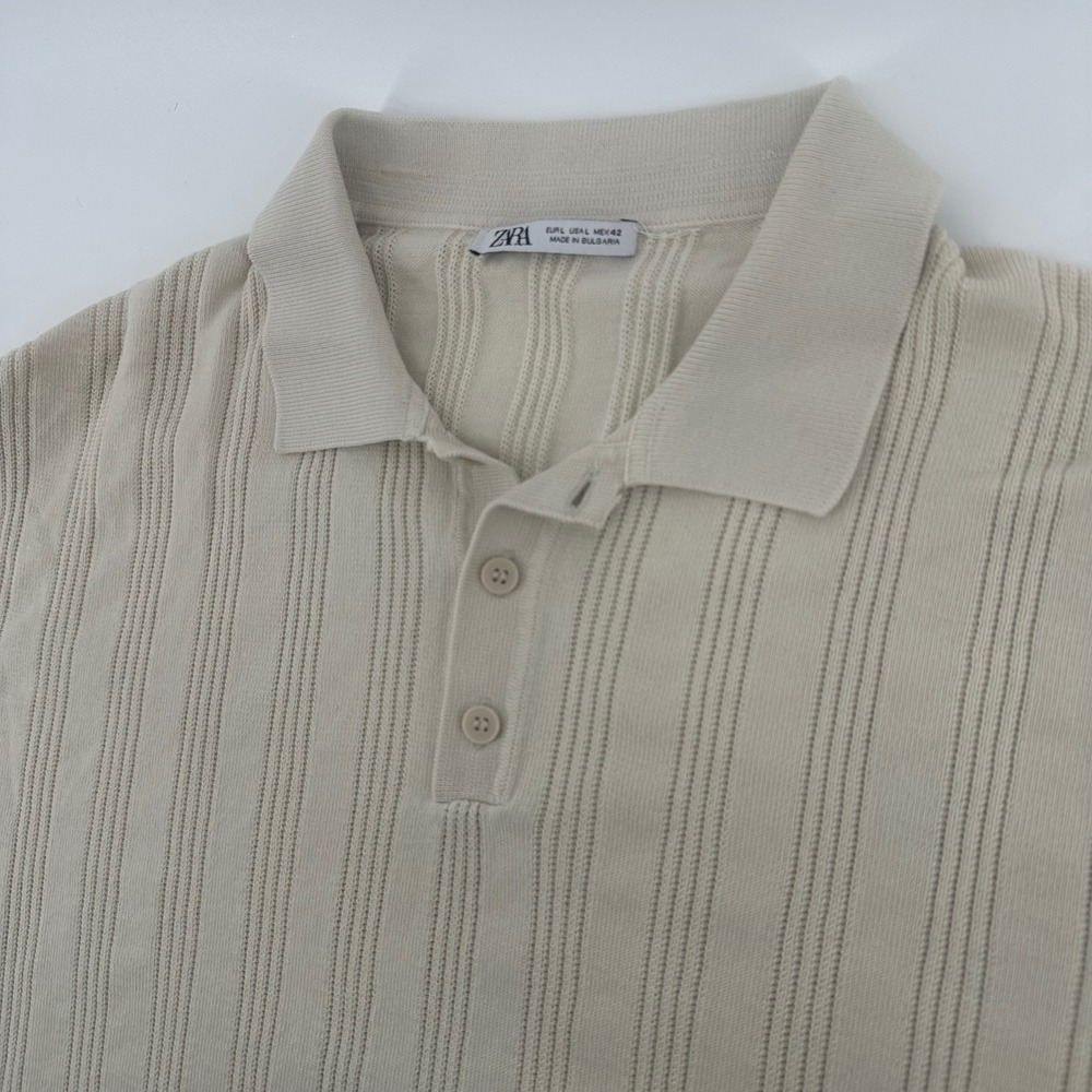 Zara Knit Polo Shirt Mens Large Beige Textured Vertical Stripe Short Sleeve
